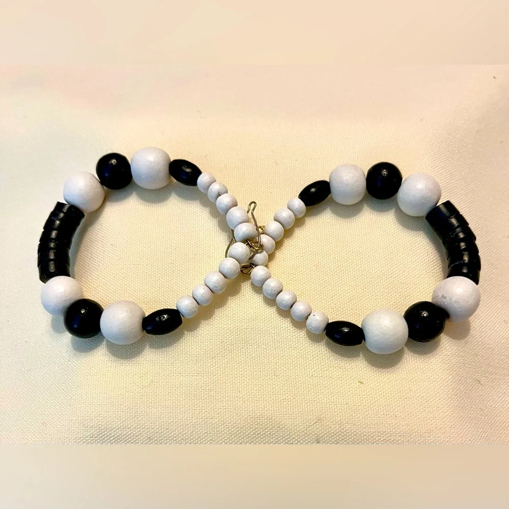 Black and White Beaded Hoop Earrings - Picture 7 of 16